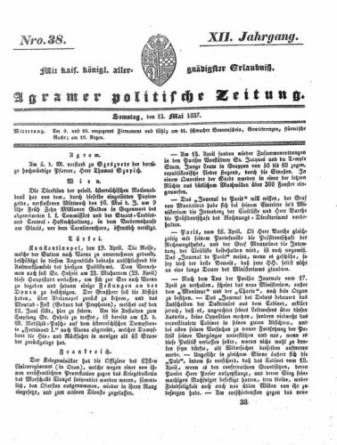 Agramer politische Zeitung : 12,38(1837) / Verlager und Redacteur Franz Stauduar und Ferd. Rosenau.