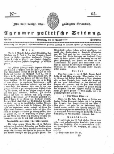 Agramer politische Zeitung : 11,65(1836) / Verlager und Redacteur Franz Stauduar und Ferd. Rosenau.