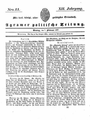 Agramer politische Zeitung : 12,11(1837) / Verlager und Redacteur Franz Stauduar und Ferd. Rosenau.