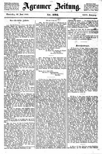 Agramer Zeitung : 26,134(1851) / für die Redaktion verantwortlich Ivan Sonvan