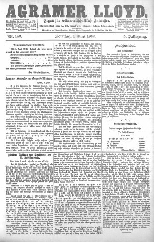 Agramer Lloyd  : organ für volkswirtschaftliche Interessen : 5,140(1902) / verantwortlicher Redacteur E. L. Blau.