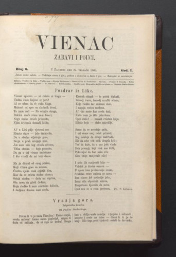 Vienac : zabavi i pouci. : 1,6(1869) / urednik Gjuro Deželić.