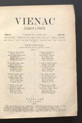 Vienac : zabavi i pouci. : 2,2(1870) / urednik Ivan Perkovac.