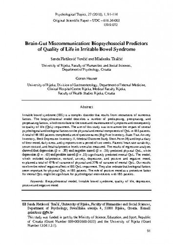 Brain-gut miscommunication : biopsychosocial predictors of quality of life in irritable bowel syndrome / Sanda Pletikosić Tončić, Mladenka Tkalčić, Goran Hauser.