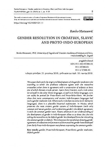 Gender resolution in Croatian, Slavic and Proto-Indo-European / Ranko Matasović.