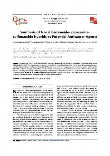 Synthesis of novel benzamide- piperazine-sulfonamide hybrids as potential anticancer agents / B. Ramalingeswara Rao, Mohana Rao Katiki, Dileep Kommula, SaiShyam Narayanan, Ruby John Anto, M. S. R. Murty.