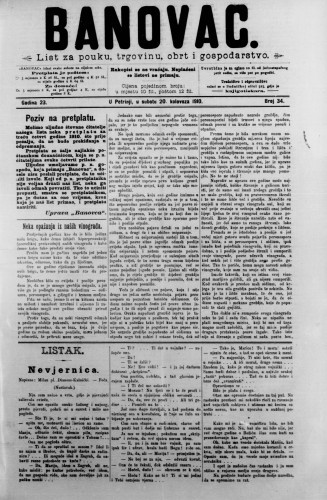 Banovac  : list za pouku, trgovinu, obrt i gospodarstvo : 23,34(1910) / odgovorni urednik Dragutin Benko.