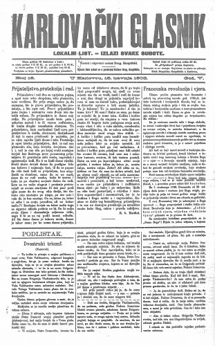 Karlovački glasnik : lokalni list : 5,16(1903) / odgovorni urednik Drag. Hauptfeld.