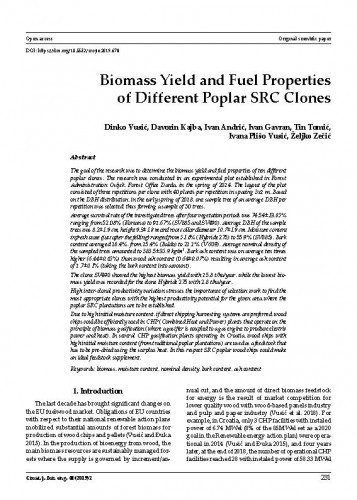 Biomass yield and fuel properties of different poplar SRC clones / Dinko Vusić, Davorin Kajba, Ivan Andrić, Ivan Gavran, Tin Tomić, Ivana Plišo Vusić, Željko Zečić.