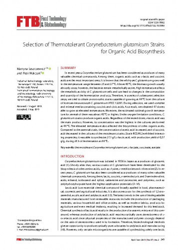 Selection of thermotolerant Corynebacterium glutamicum strains for organic acid biosynthesis / Martyna Leszczewicz, Piotr Walczak.