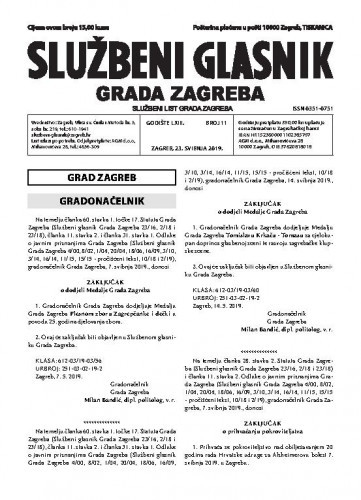 Službeni glasnik grada Zagreba : 63,11(2019) / glavna urednica Mirjana Lichtner Kristić.
