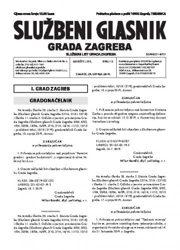 Službeni glasnik grada Zagreba : 63,15(2019) / glavna urednica Mirjana Lichtner Kristić.