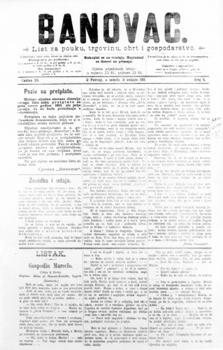 Banovac  : list za pouku, trgovinu, obrt i gospodarstvo : 24,6(1911) / odgovorni urednik Dragutin Benko.