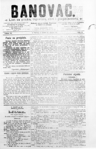 Banovac  : list za pouku, trgovinu, obrt i gospodarstvo : 24,12(1911) / odgovorni urednik Dragutin Benko.