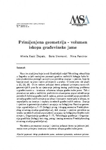 Primijenjena geometrija volumen iskopa građevinske jame / Mirela Katić Žlepalo, Boris Uremović, Nina Pancirov.