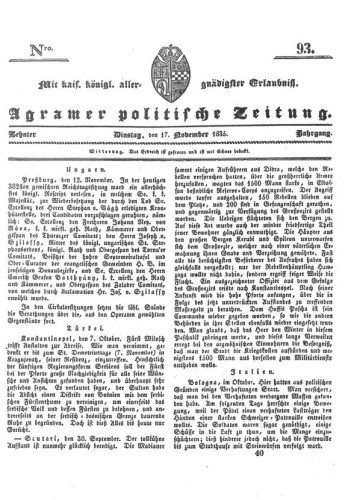 Agramer politische Zeitung : 10,93(1835) / Verlager und Redacteur Franz Stauduar und Ferd. Rosenau.
