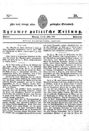 Agramer politische Zeitung : 10,39(1835) / Verlager und Redacteur Franz Stauduar und Ferd. Rosenau.