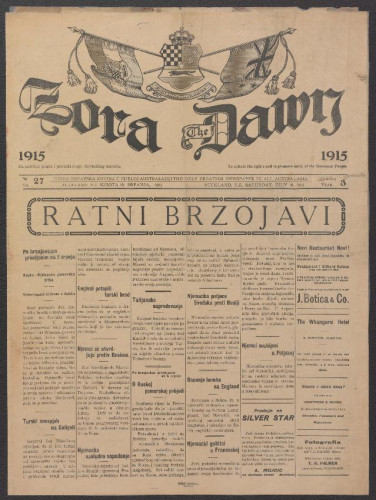 Zora : jedina hrvatska novina u cijeloj Australaziji = The Dawn : the only Croatian newspaper in all Australasia : 3, 27(1915).