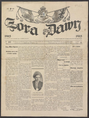 Zora : jedina hrvatska novina u cijeloj Australaziji = The Dawn : the only Croatian newspaper in all Australasia : 3, 20(1915).