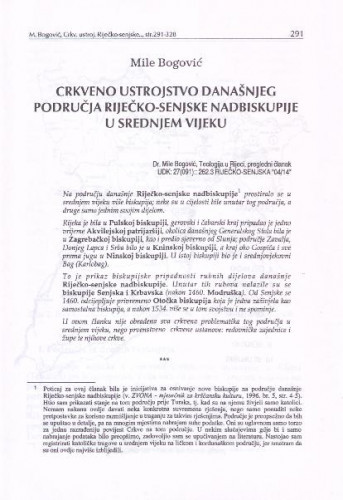 Crkveno ustrojstvo današnjeg područja Riječko-senjske nadbiskupije u srednjem vijeku /Mile Bogović