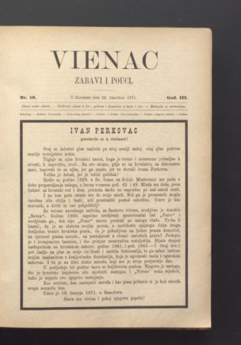 Vienac : zabavi i pouci. : 3,16(1871) / urednik Ivan Dežman.