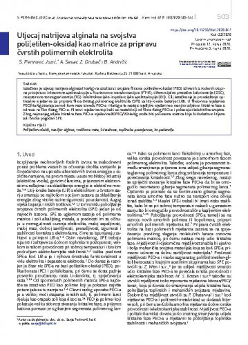 Utjecaj natrijeva alginata na svojstva poli(etilen-oksida) kao matrice za pripravu čvrstih polimernih elektrolita / Sanja Perinović Jozić, Antonija Sesar, Zoran Grubač, Branka Andričić.