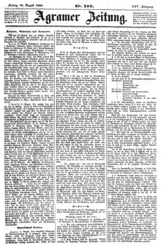 Agramer Zeitung : 25,187(1850) / für die Redaktion verantwortlich Ivan Sonvan