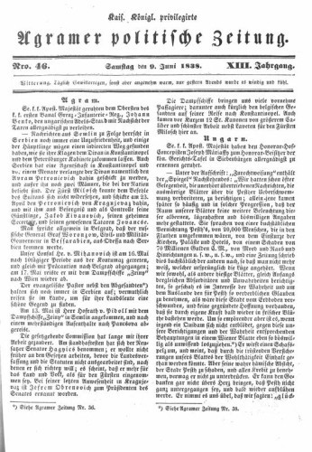 Agramer politische Zeitung : 13,46(1838) / Verlager und verantwortliche Redacteurs Franz Stauduar und Ferd. Rosenau.