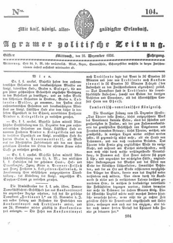 Agramer politische Zeitung : 11,104(1836) / Verlager und Redacteur Franz Stauduar und Ferd. Rosenau.