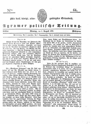 Agramer politische Zeitung : 11,64(1836) / Verlager und Redacteur Franz Stauduar und Ferd. Rosenau.