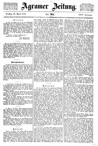 Agramer Zeitung : 26,91(1851) / für die Redaktion verantwortlich Ivan Sonvan