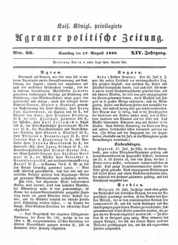 Agramer politische Zeitung : 14,66(1839) / Verlager und Redacteur Franz Stauduar und Ferdinand Rosenau.