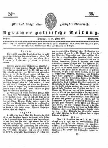 Agramer politische Zeitung : 11,38(1836) / Verlager und Redacteur Franz Stauduar und Ferd. Rosenau.