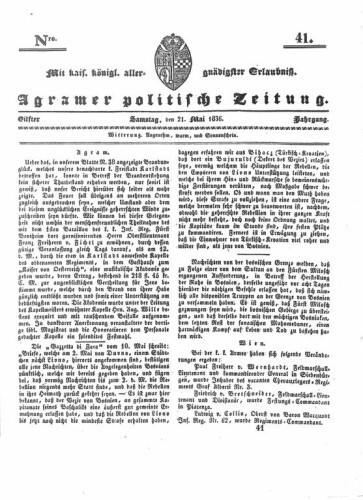 Agramer politische Zeitung : 11,41(1836) / Verlager und Redacteur Franz Stauduar und Ferd. Rosenau.
