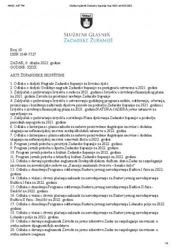 Službeni glasnik Zadarske županije : 29,10(2022) / glavna urednica Marina Plenča Alibašić.