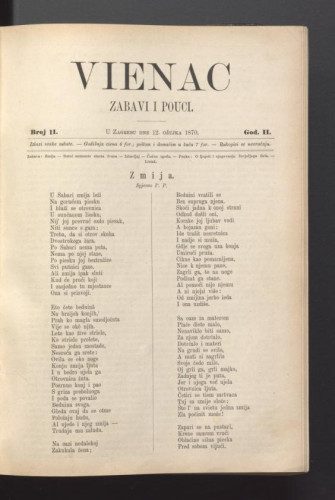Vienac : zabavi i pouci. : 2,11(1870) / urednik Ivan Perkovac.