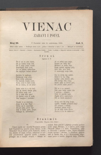 Vienac : zabavi i pouci. : 1,39(1869) / urednik Gjuro Deželić.