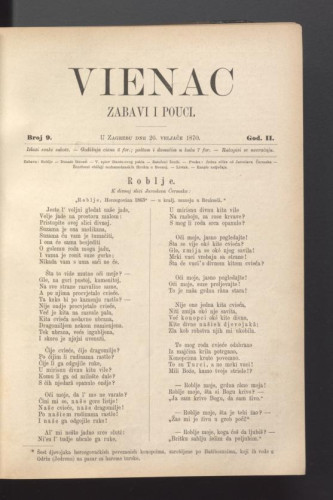 Vienac : zabavi i pouci. : 2,9(1870) / urednik Ivan Perkovac.