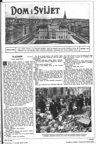 Dom i sviet  : ilustrovani list za zabavu, pouku i viesti dnevnih dogadjaja, javnom i društvenom životu, umjetnosti i znanosti, trgovini, obrtu, glazbi i kazalištu : 32,19(1919) / urednik Rudolf Kugli.