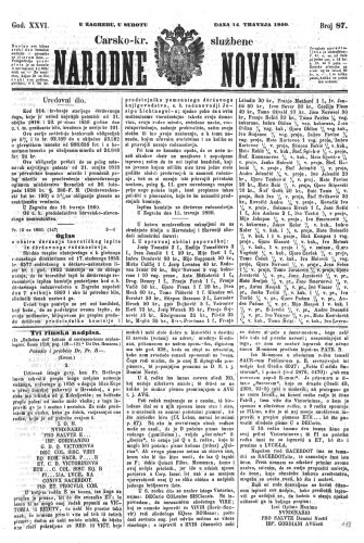 Carsko-kr. službene narodne novine : 26,87(1860)  / odgovorni učrednik Dr. Demeter.