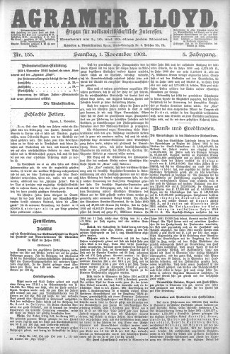 Agramer Lloyd  : organ für volkswirtschaftliche Interessen : 5,155(1902) / verantwortlicher Redacteur E. L. Blau.
