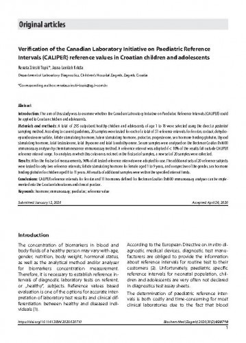 Verification of the Canadian Laboratory Initiative on Paediatric Reference Intervals (CALIPER) reference values in Croatian children and adolescents / Renata Zrinski Topić, Jasna Leniček Krleža.