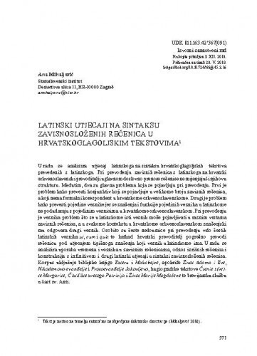 Latinski utjecaji na sintaksu zavisnosloženih rečenica u hrvatskoglagoljskim tekstovima / Ana Mihaljević.