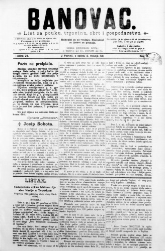 Banovac  : list za pouku, trgovinu, obrt i gospodarstvo : 24,15(1911) / odgovorni urednik Dragutin Benko.