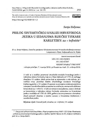 Prilog sintaktičkoj analizi hrvatskoga jezika u izdanjima riječke tiskare Karletzky : za + infinitiv / Sanja Holjevac.