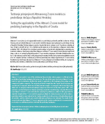 Testiranje primjenjivosti Altmanovog Z-score modela za predviđanje stečaja u Republici Hrvatskoj = Testing the applicability of the Altman's Z-score model for predicting bankruptcy in the Republic of Croatia / Siniša Bogdan, Suzana Bareša, Velimir Hađina.