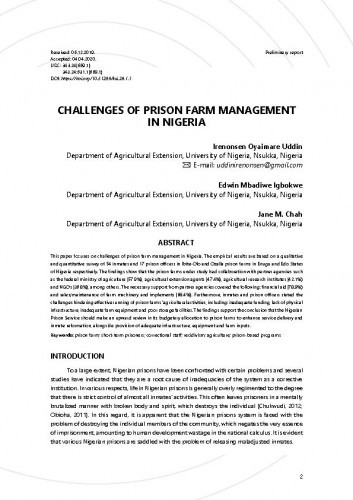 Challenges of prison farm management in Nigeria / Irenonsen Oyaimare Uddin, Edwin Mbadiwe Igbokwe, Jane M. Chah.