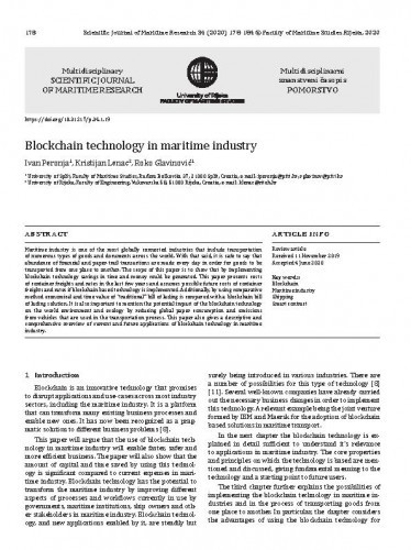 Blockchain technology in maritime industry / Ivan Peronja, Kristijan Lenac, Roko Glavinović.