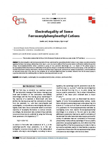 Electrofugality of some ferrocenylphenylmethyl cations / Sandra Jurić, Marijan Marijan, Olga Kronja.
