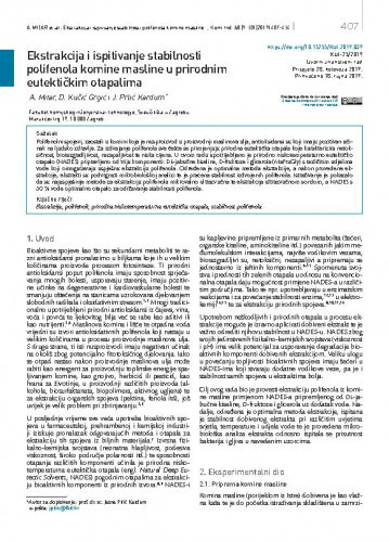 Ekstrakcija i ispitivanje stabilnosti polifenola komine masline u prirodnim eutektičkim otapalima   / Anamarija Mitar, Dajana Kučić Grgić, Jasna Prlić Kardum.